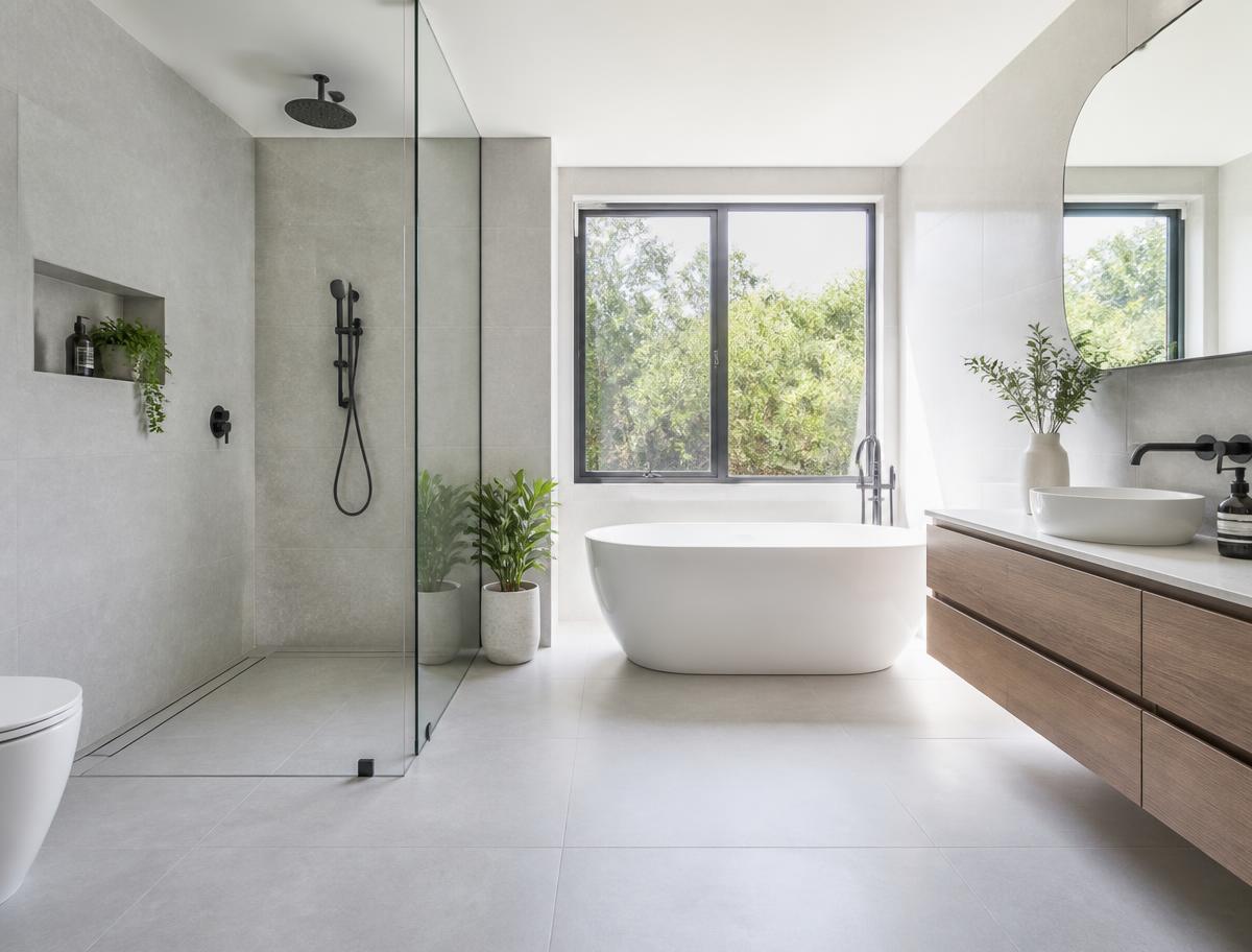 Helles, modernes Bad nach der Sanierung mit bodengleicher Dusche und freistehender Badewanne