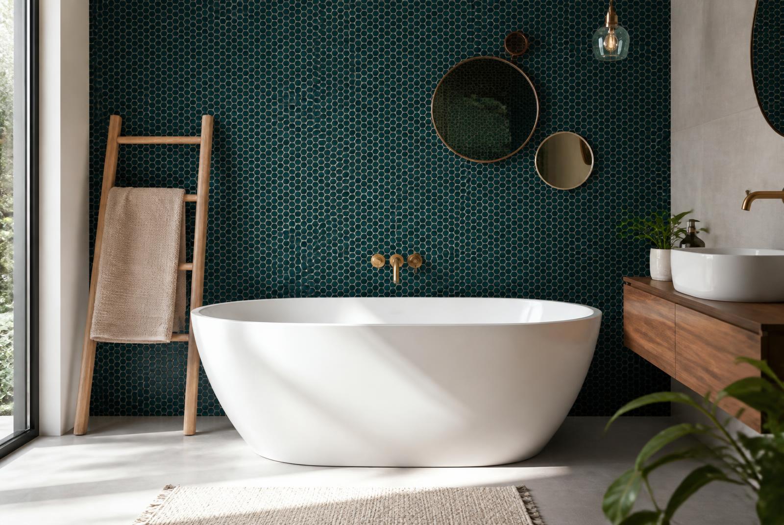 Badezimmer mit Mosaikwand und freistehender Badewanne